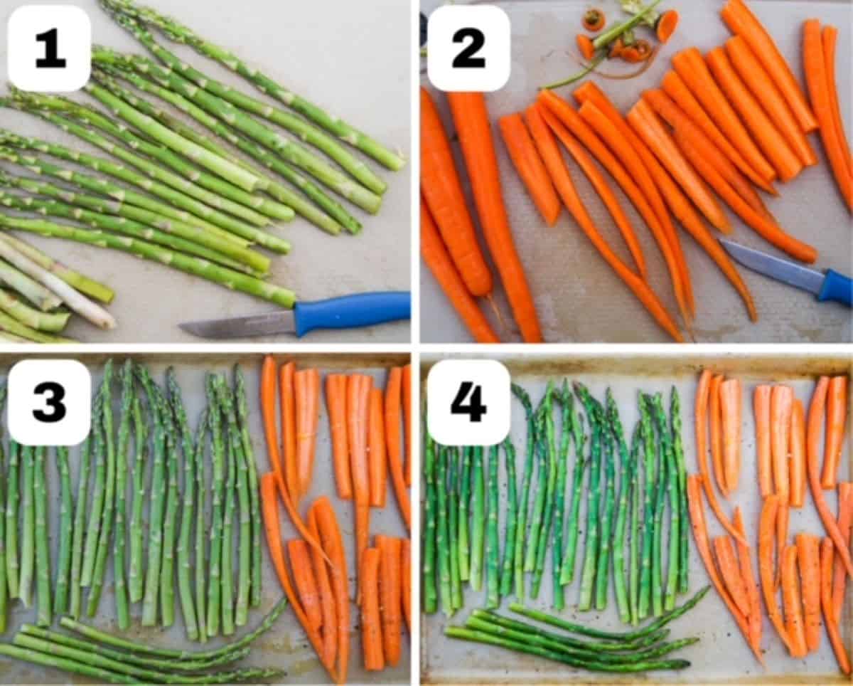 Four numbered images showing steps to make roasted asparagus and carrots.