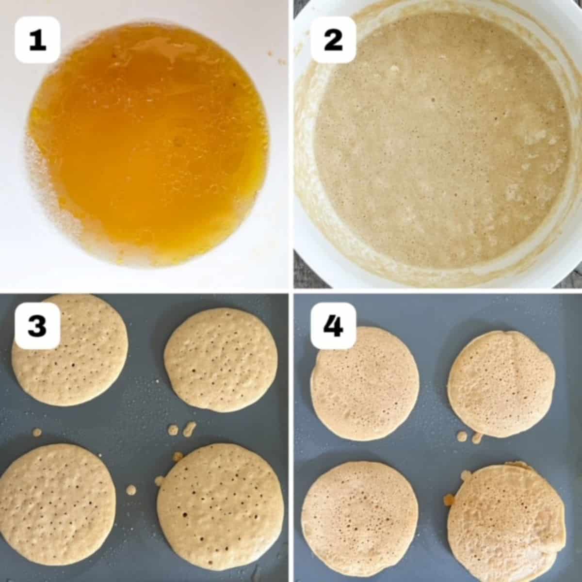 Four process shots showing steps to make 4-inch pancakes.