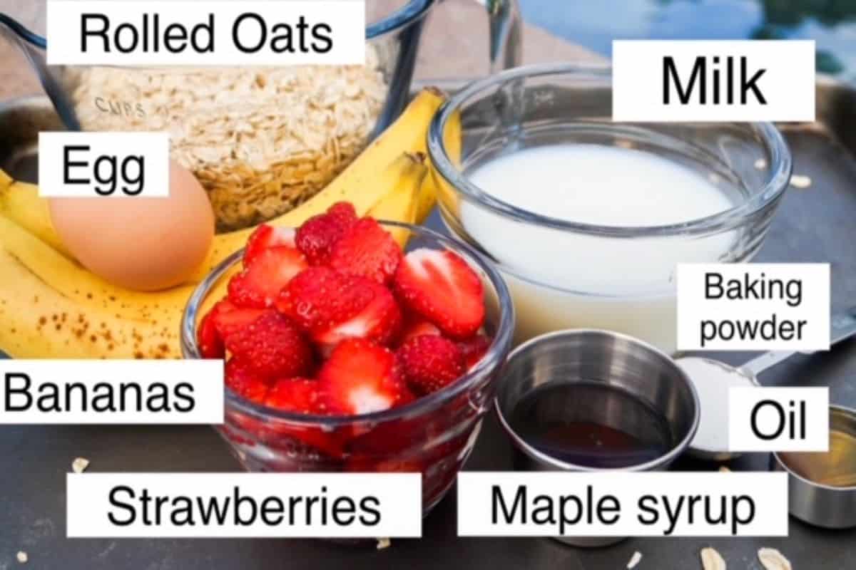 Baked oatmeal ingredients, labeled.