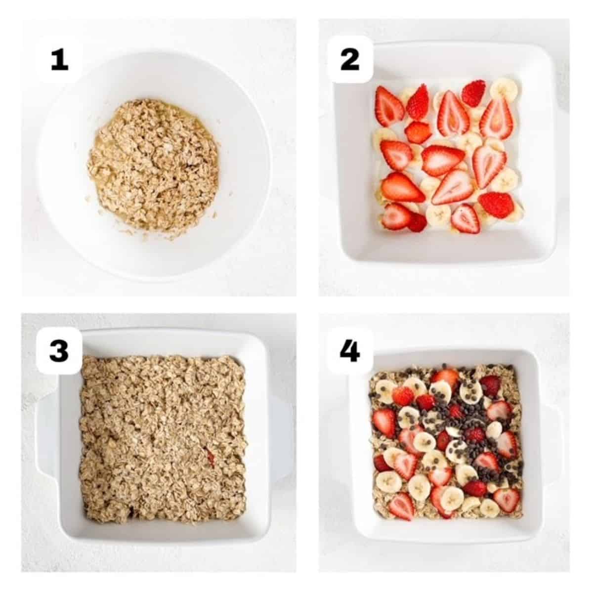 Four process shots showing steps to make banana baked oatmeal with strawberries and topped with chocolate chips.