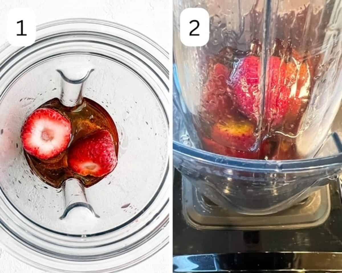 Two images showing different angles of strawberry salad dressing ingredients in a Vitamix personal cup adapter.