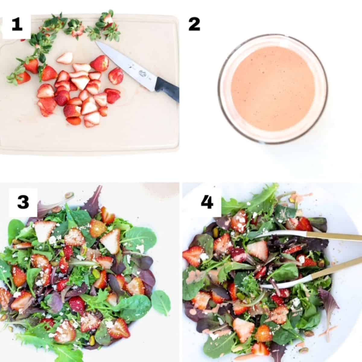 Four numbered images showing how to make a strawberry goat cheese salad.