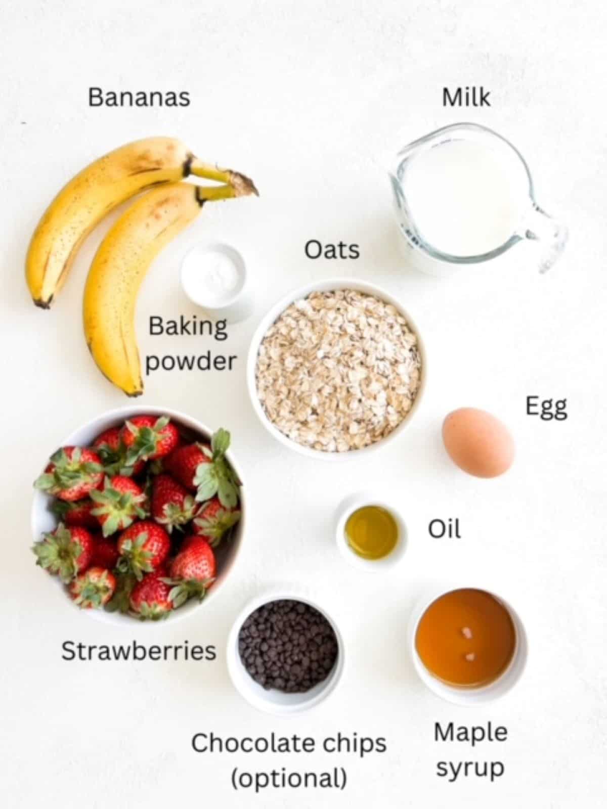 Ingredients for banana baked oatmeal. Each ingredient is labeled.