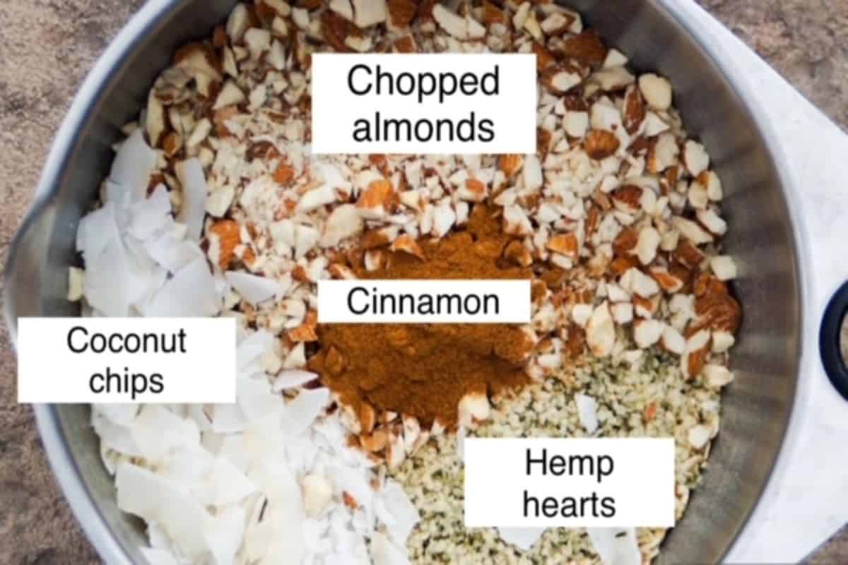 Granola ingredients, labeled, in a mixing bowl.