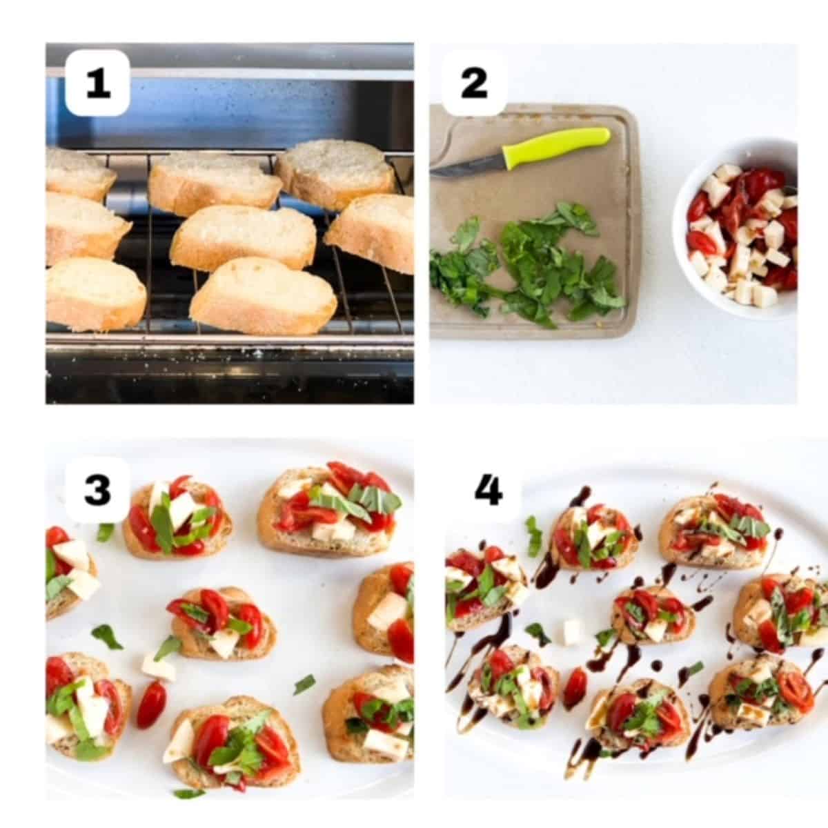 A collage with four images showing steps to make caprese bruschetta.