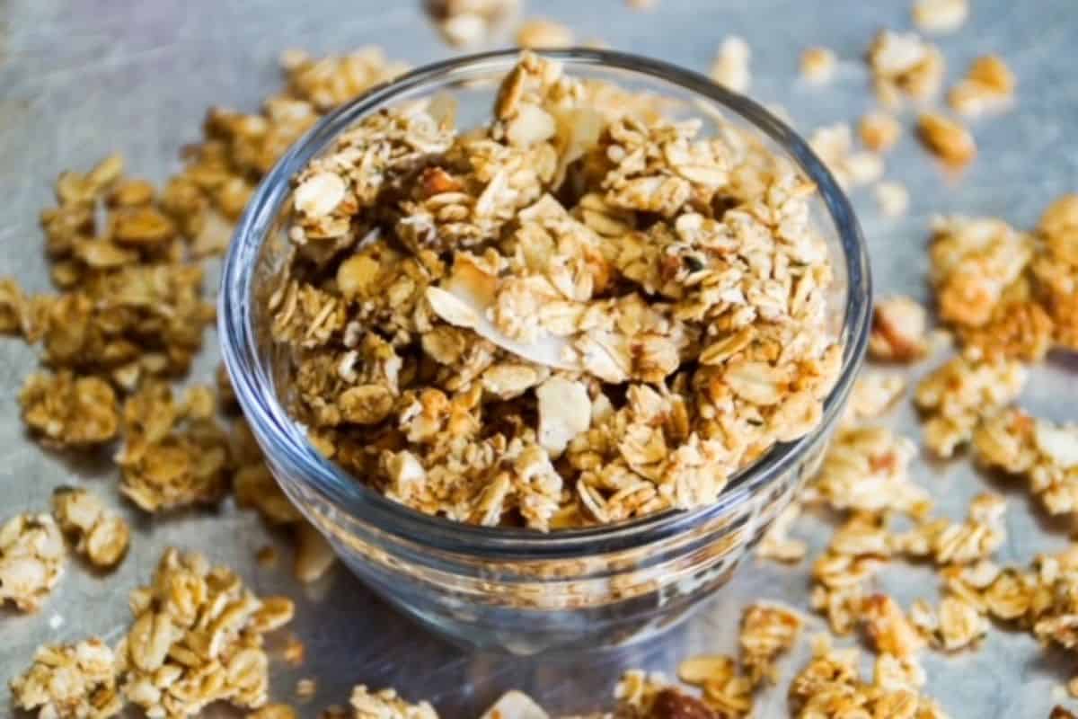 Granola in a glass dish.