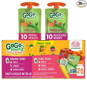 Two GoGo Squeez pouches on top of an unopened box of 20 GoGo Sqeez pouches.