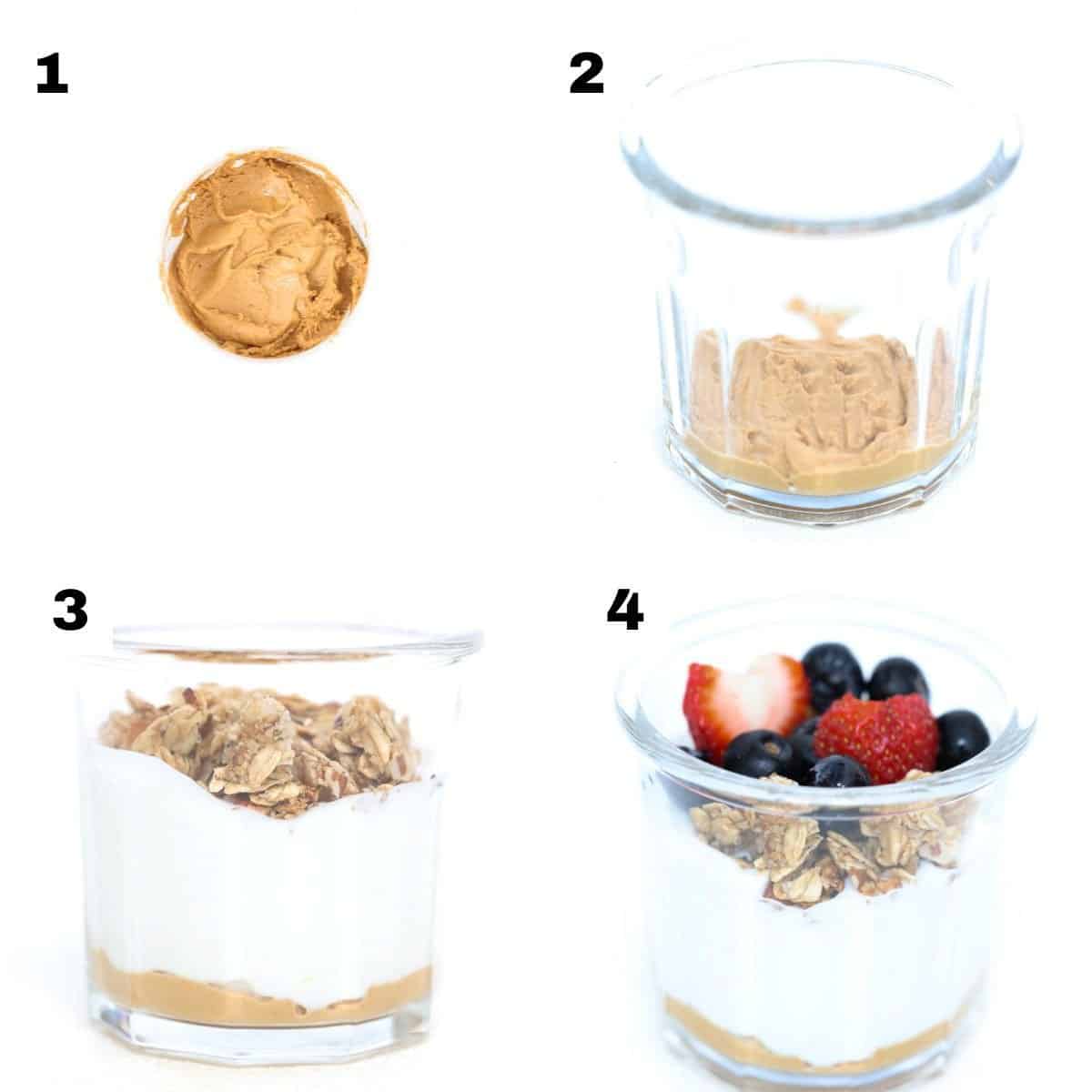 Four numbered images showing how to make a high protein Greek yogurt parfait.
