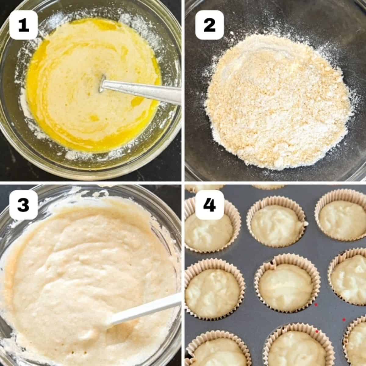 Four numbered images showing how to make lemon yogurt muffins.