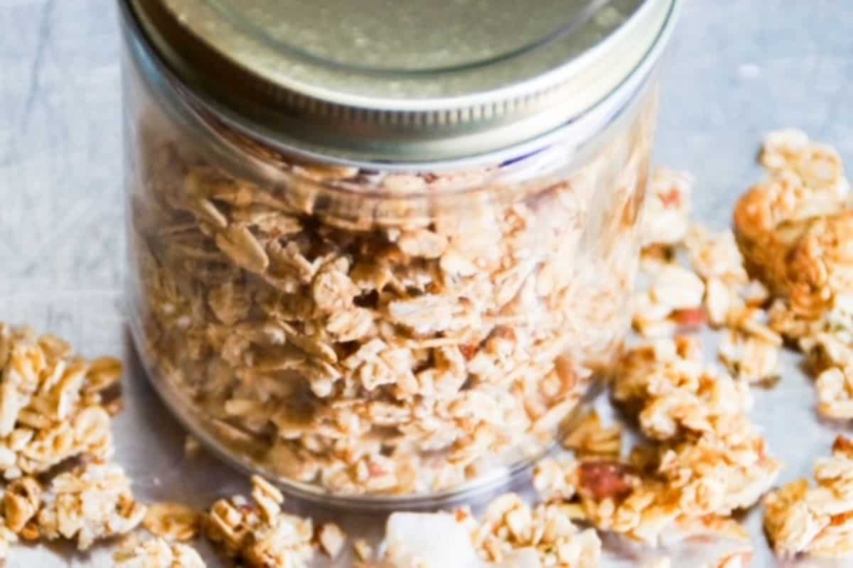 Granola in a mason jar.