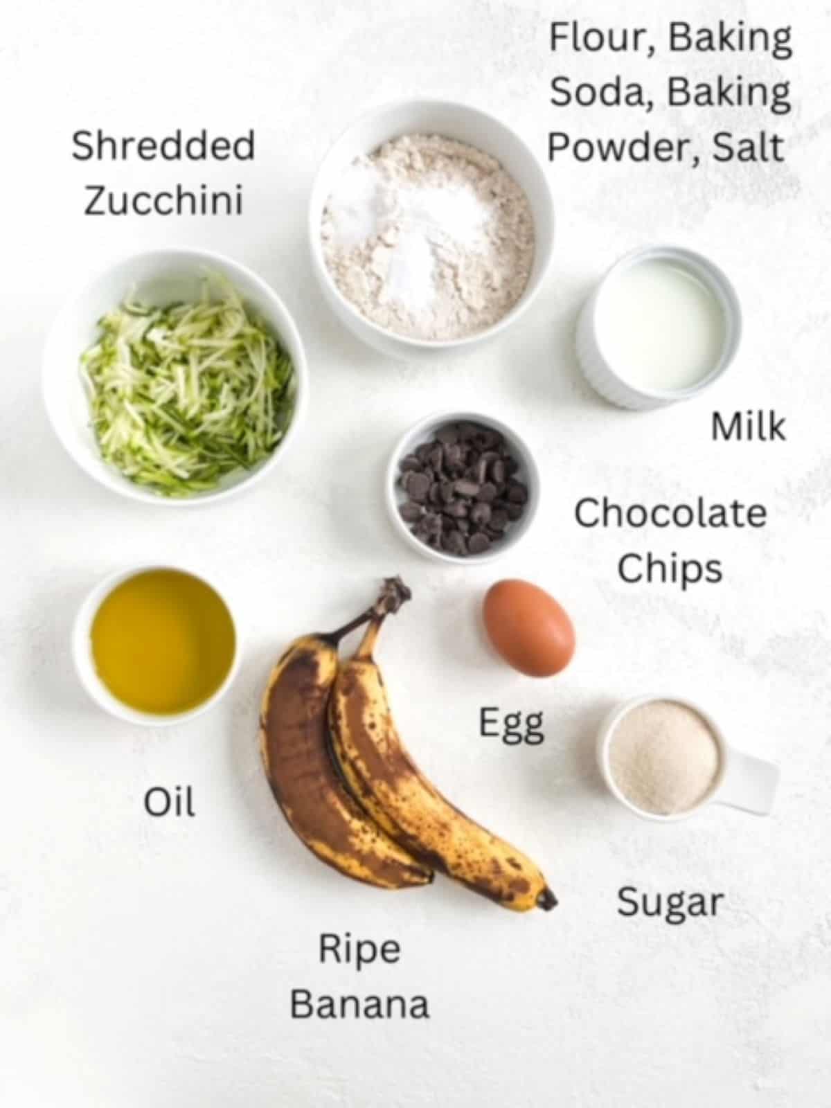 Ingredients to make banana zucchini muffins, labeled.