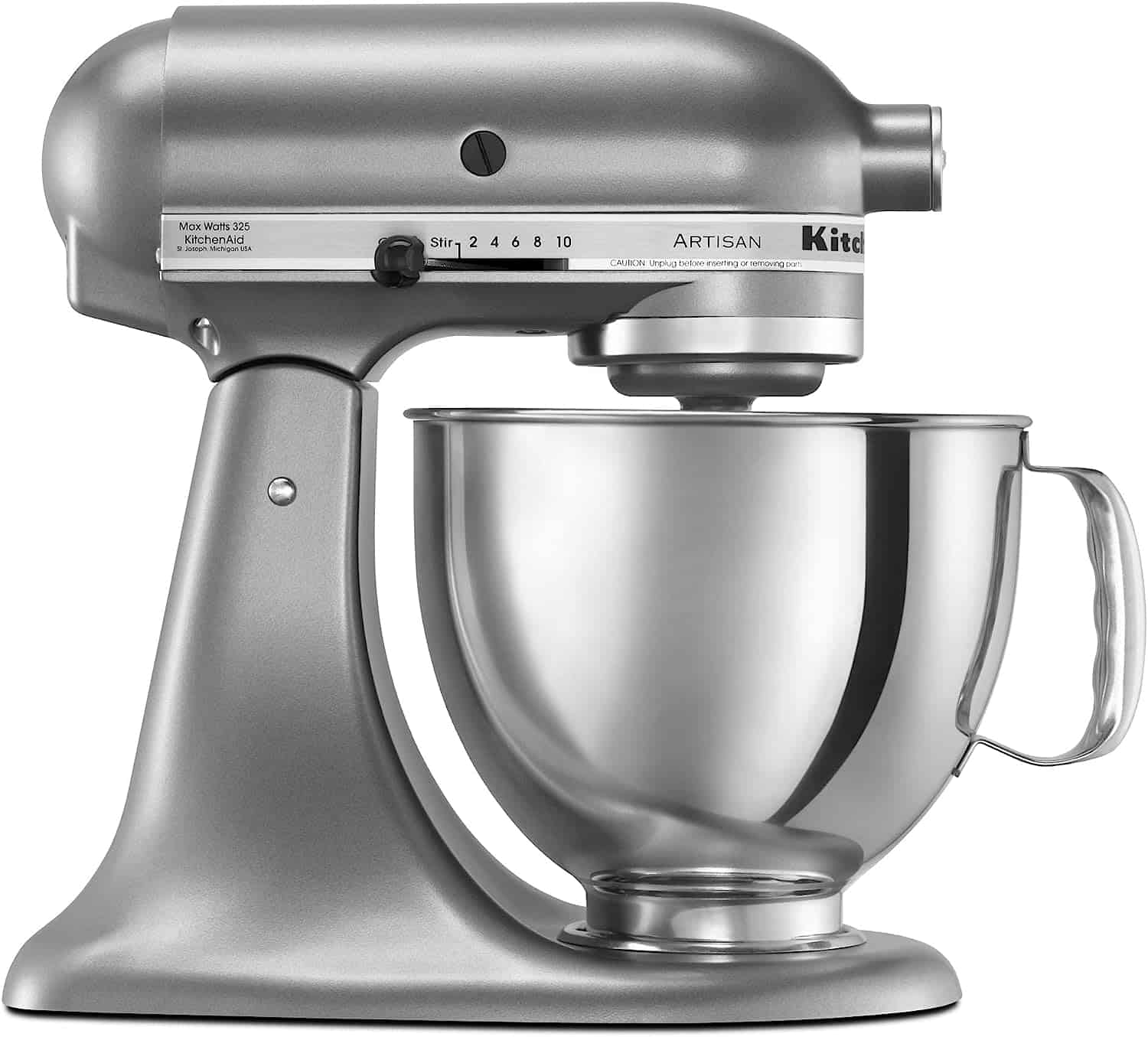 A KitchenAid Artisan Series Stand Mixer in silver.