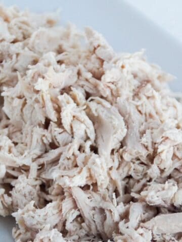 Shredded chicken on a white platter.