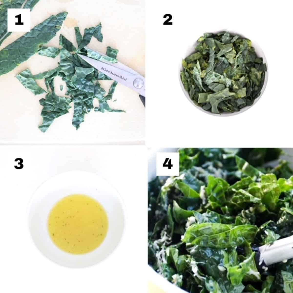 Four numbered images showing how to make a Tuscan Kale Salad.