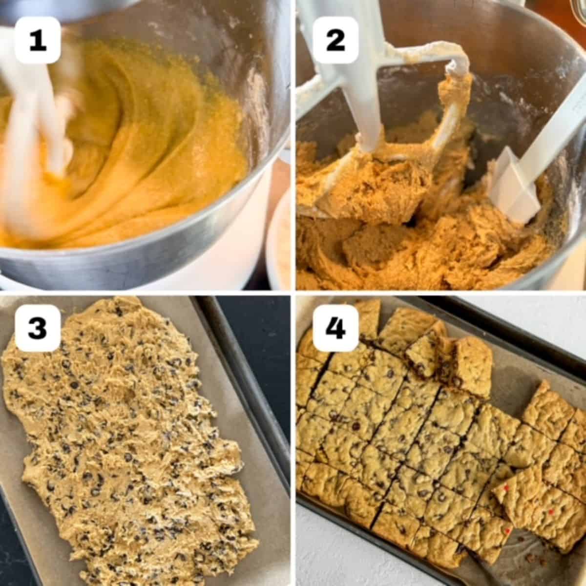 Four numbered images showing how to make chocolate chip pan cookies.