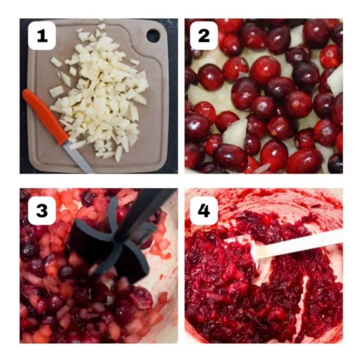 Four process shots: top left shows small apple pieces with a paring knife on a cutting board. Top right shows fresh cranberries on top of cooked apple pieces. Bottom left shows cooked apple pieces and cranberries being mashed with a food masher. Bottom right image shows finished cranberry sauce in a saucepan with a small white spatula. 