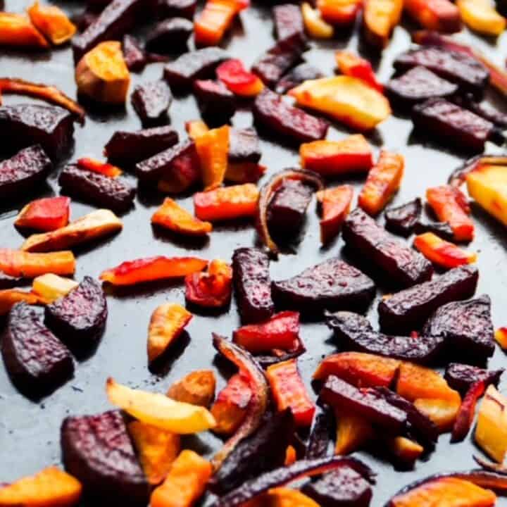 Small pieces of roasted root vegetables.