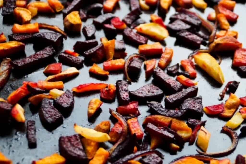 Roasted root vegetables on a baking sheet