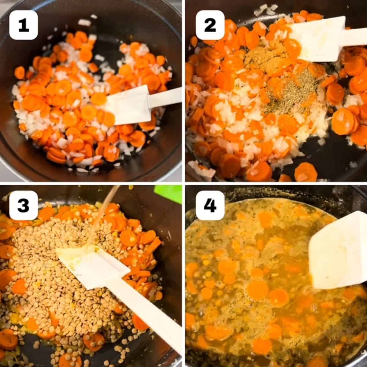 Four pictures showing how to make Carrot and Lentil Soup in one pot.