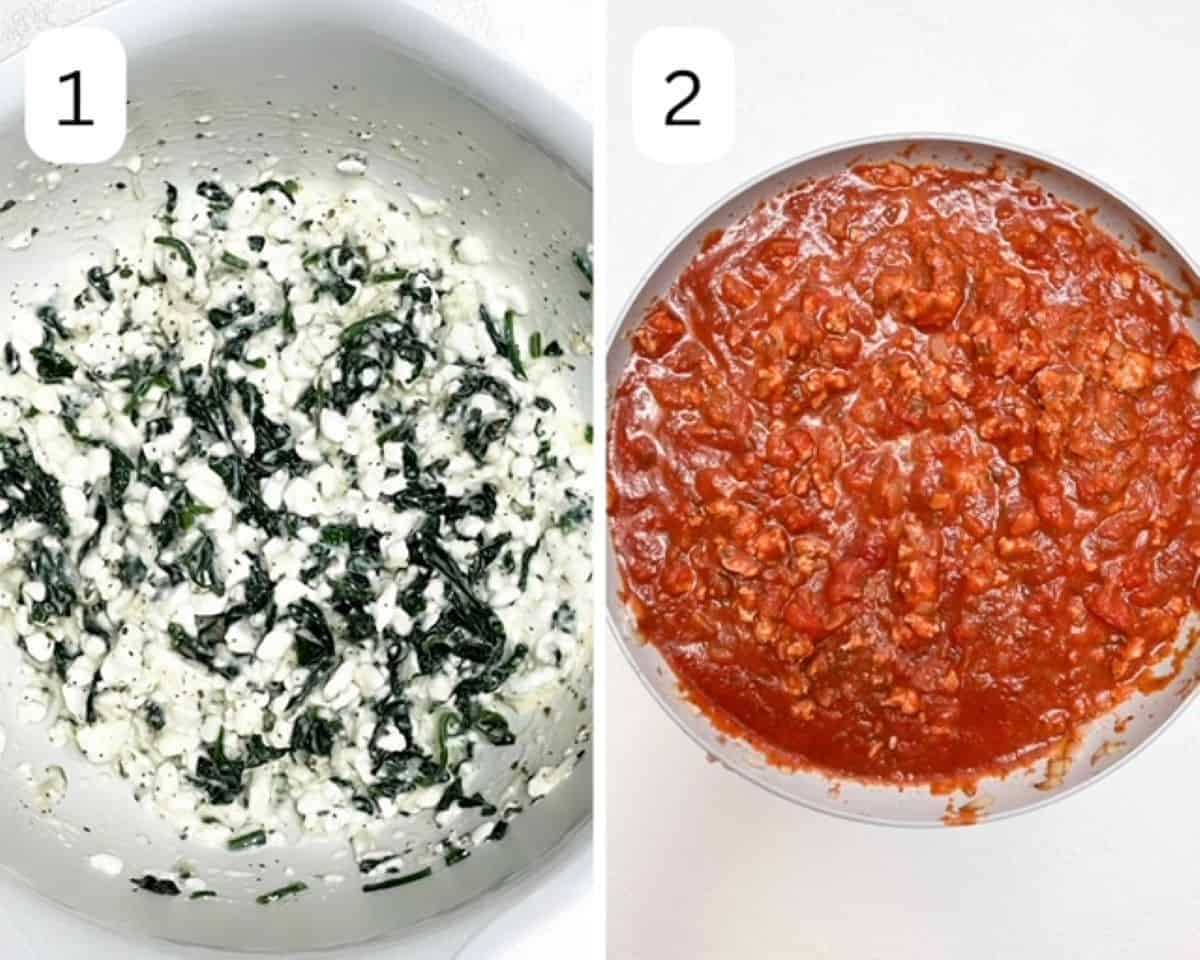 Cottage cheese and spinach mixture to the left, meat sauce in a skillet to the right.