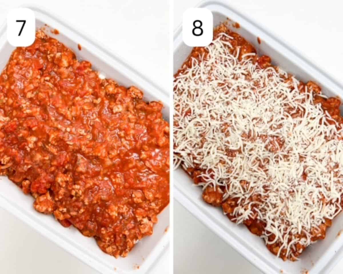 Top layer of meat sauce to the left; meat sauce topped with mozzarella in a lasagna pan to the right.
