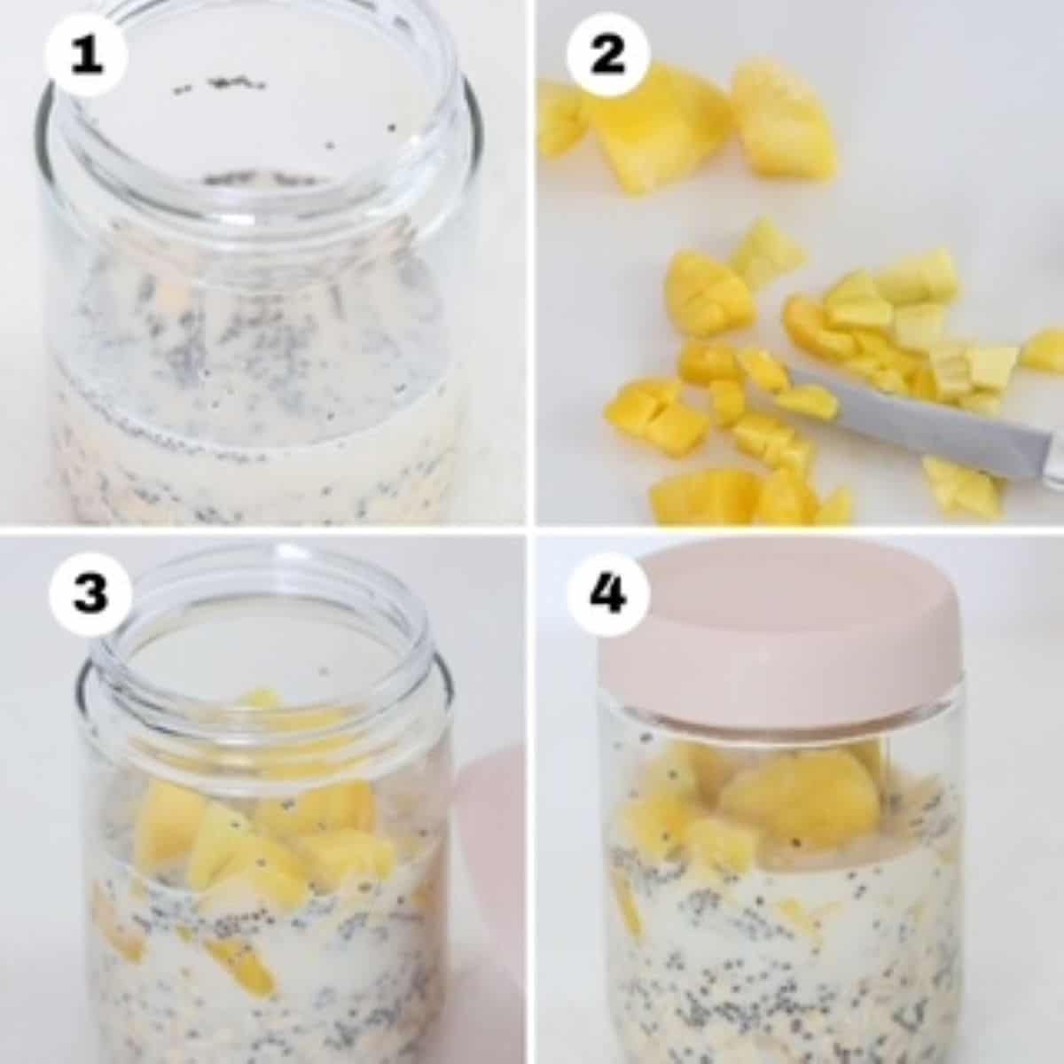 Four numbered images showing how to make overnight oats in a jar with a lid.