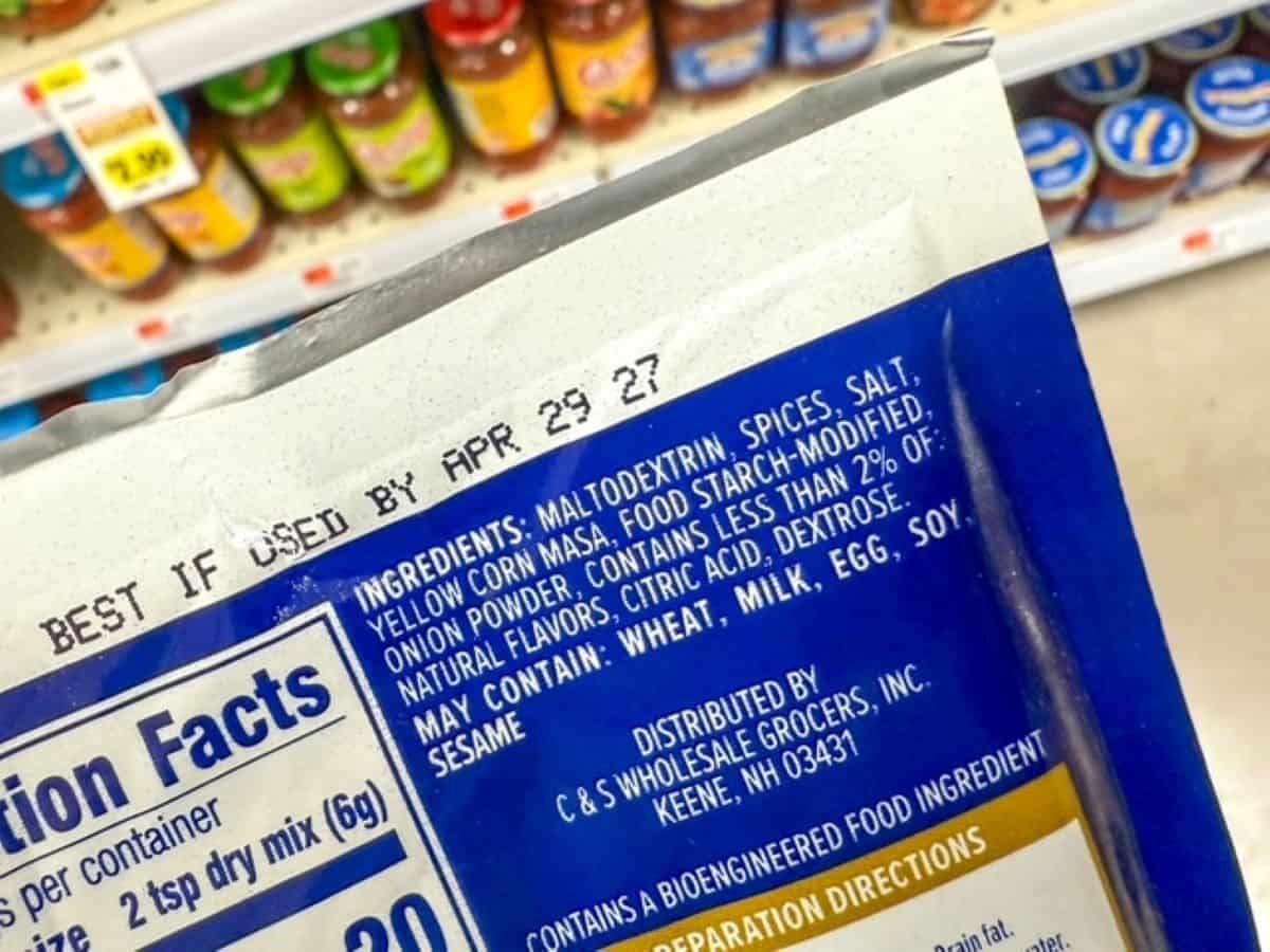 Ingredients list on the back of a packet of store-bought taco seasoning.