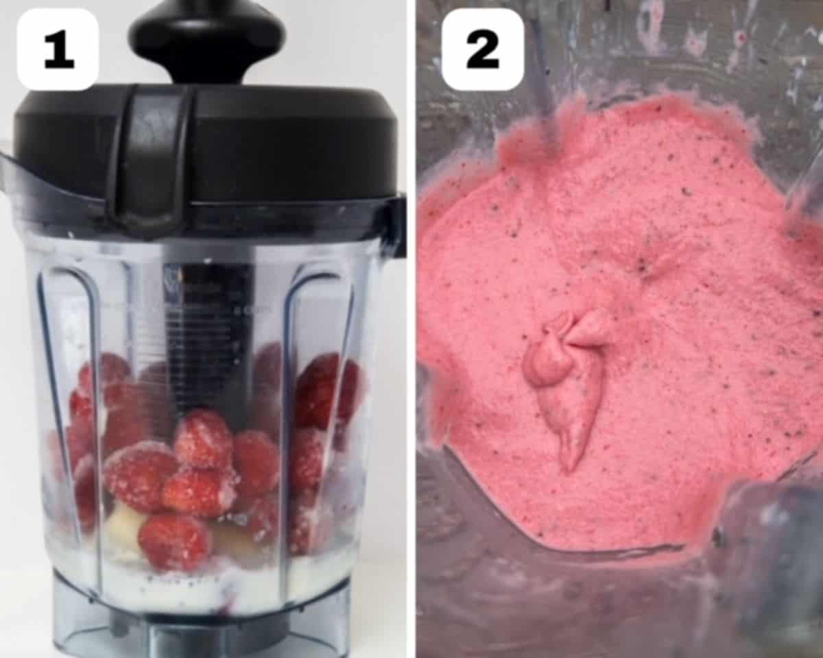 Two images side by side: strawberry banana smoothie bowl ingredients in a Vitamix in the image to the left and an up-close picture of finished smoothie bowl at the bottom of the blender to the right.