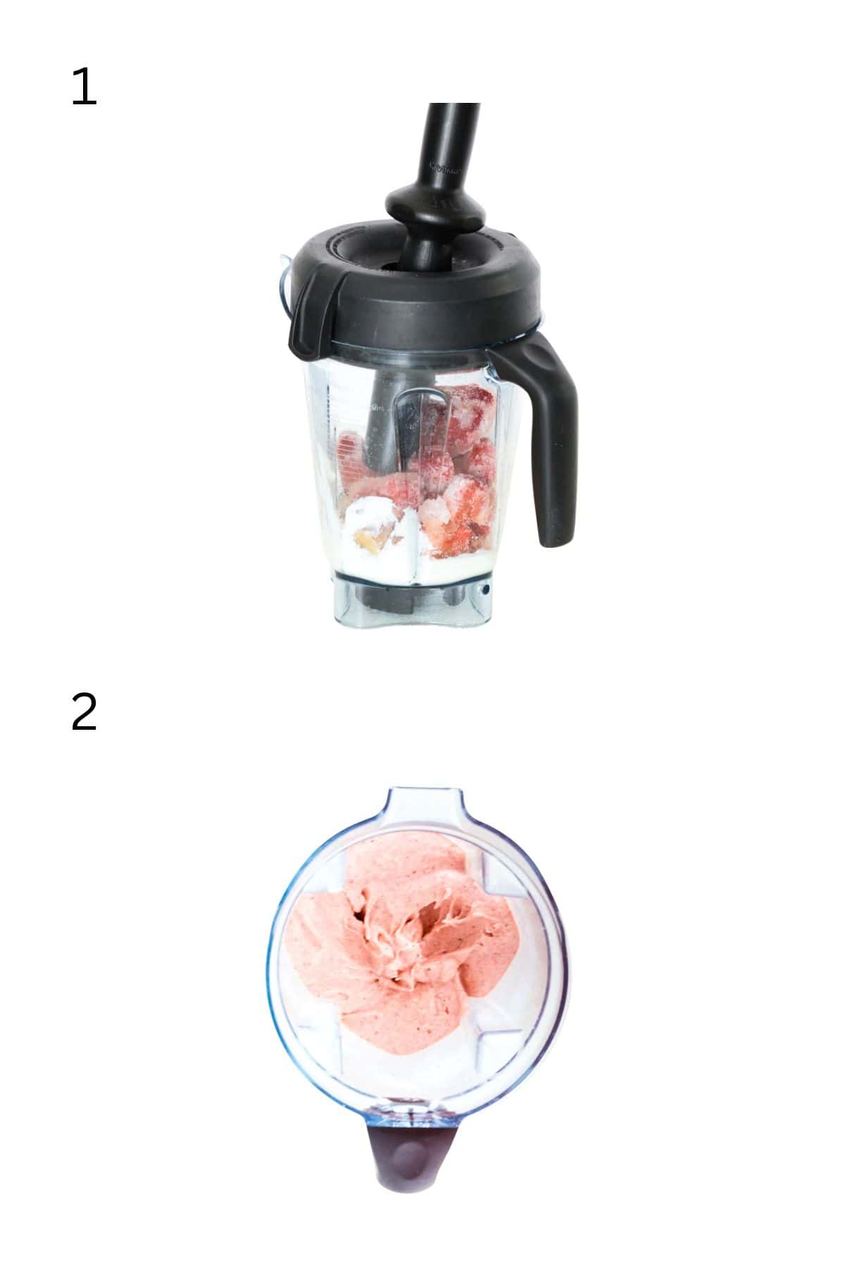 Two numbered images showing how to make the strawberry smoothie bowl base.
