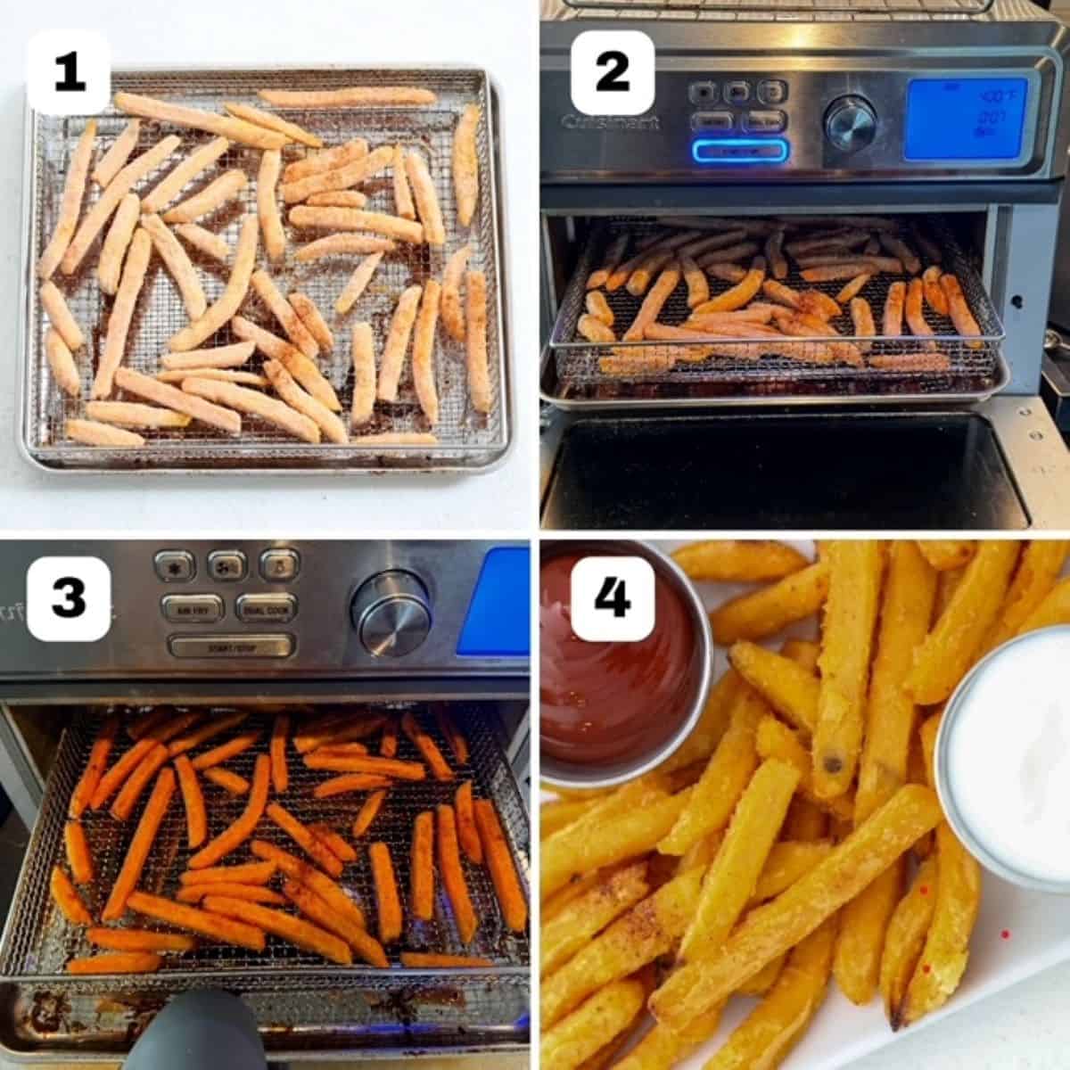 Four numbered images showing how to make frozen sweet potato fries in an air fryer.