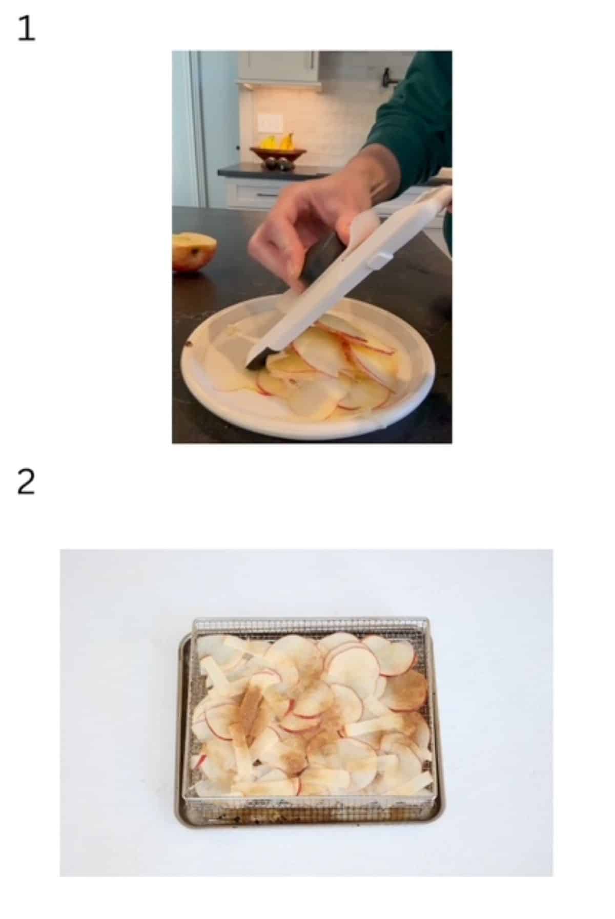 Two numbered images showing how to slice apples for air frying.
