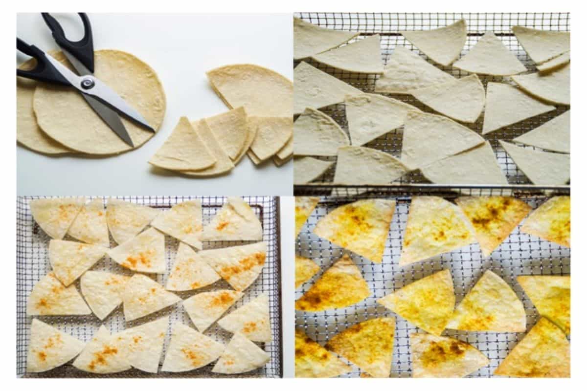 Four process shots: tortillas cut into pieces with scissors, cut tortilla pieces laying flat on an air fryer rack, uncooked tortilla pieces sprinkled with spices, and cooked tortilla chips on an air fryer rack.