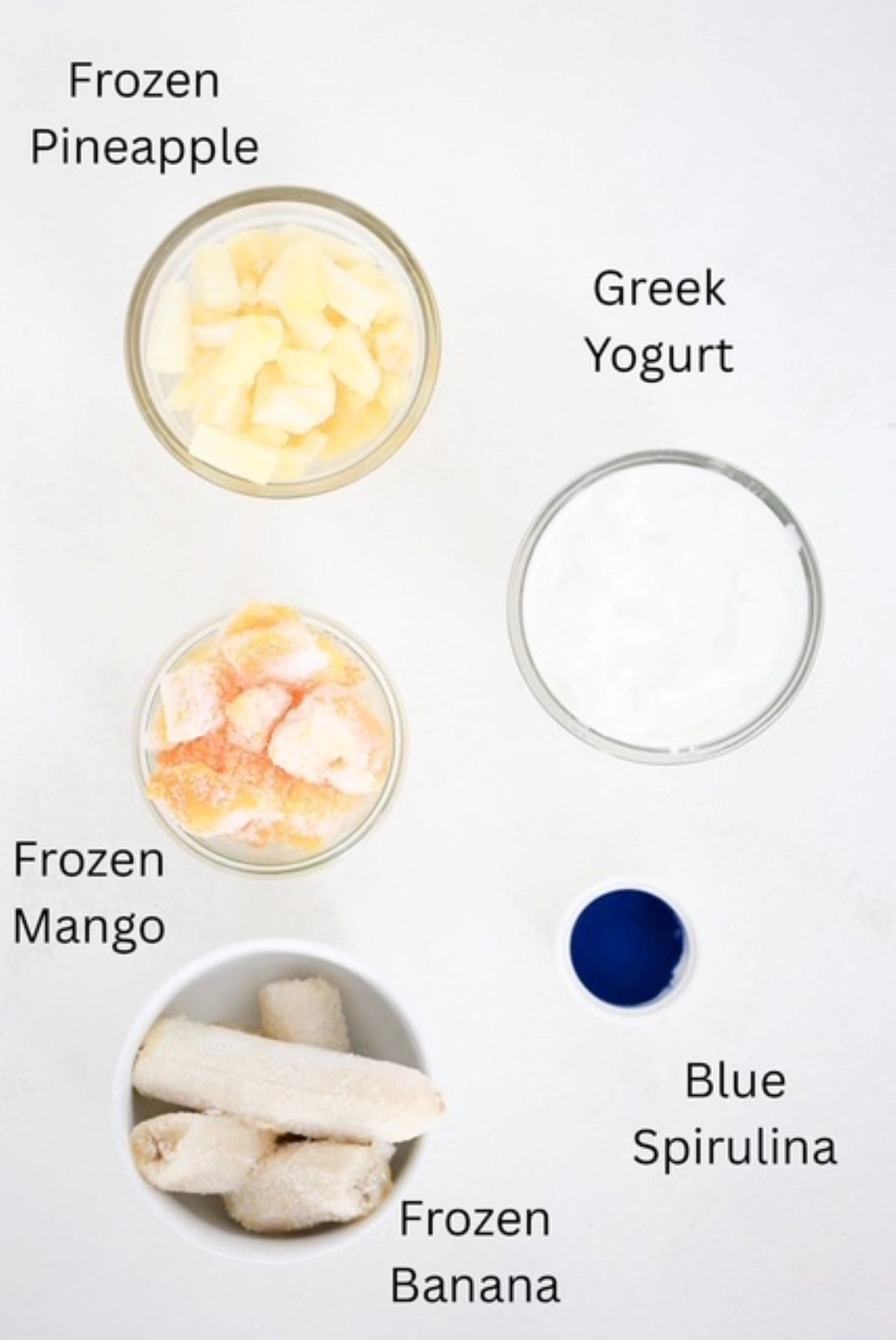 Blue smoothie bowl ingredients, labeled.