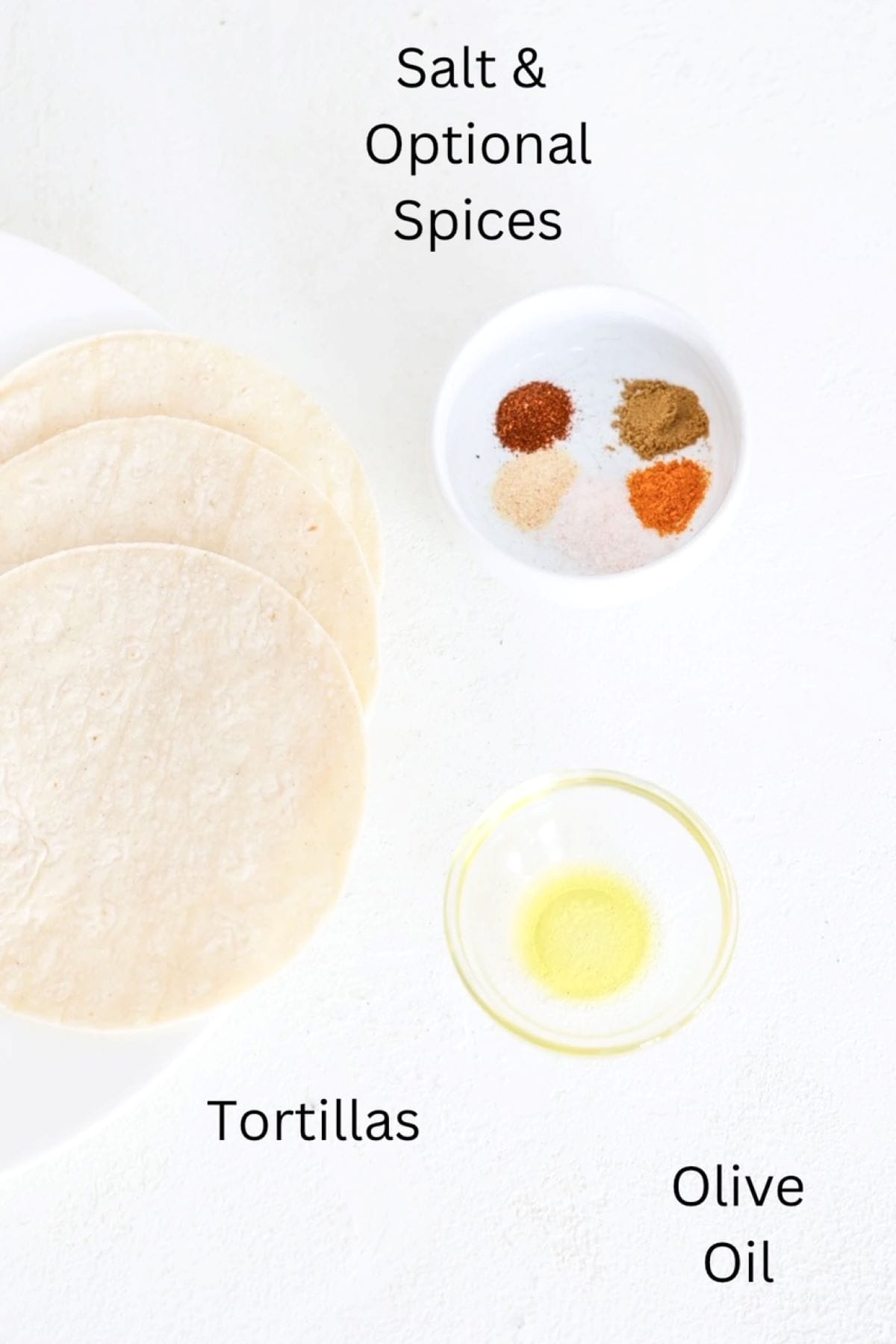 Ingredients to make air fryer tortilla chips, labeled.