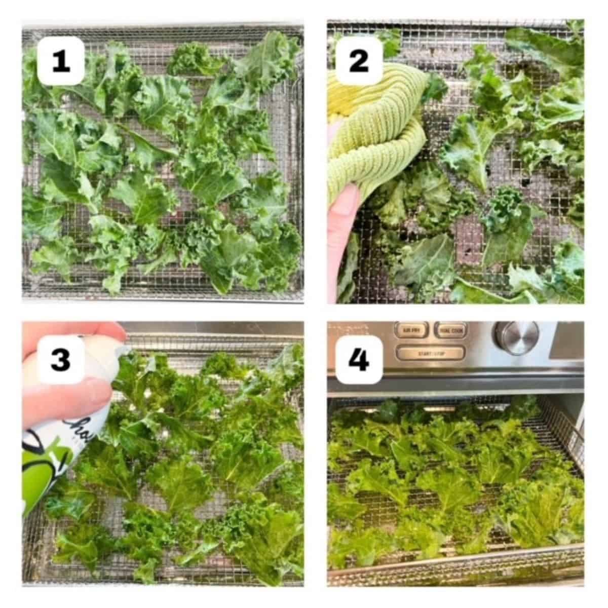 Four process shots showing steps to make kale chips in an air fryer.