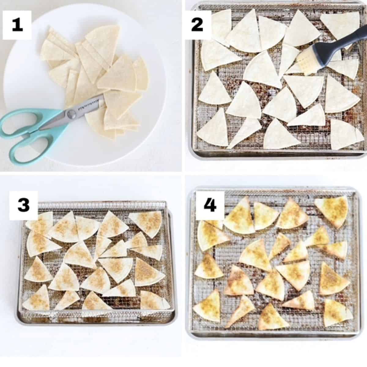 Four numbered images showing how to make tortilla chips in an air fryer.