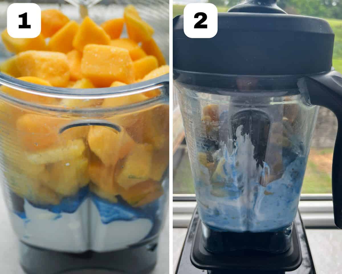 Two step-by-step images, one with yogurt, blue spirulina, and frozen fruit layered (pineapple, banana, and mango) in a Vitamix blender and one image to the right showing the same ingredients in the middle of the blending phase with the tamper inside of the Vitamix.