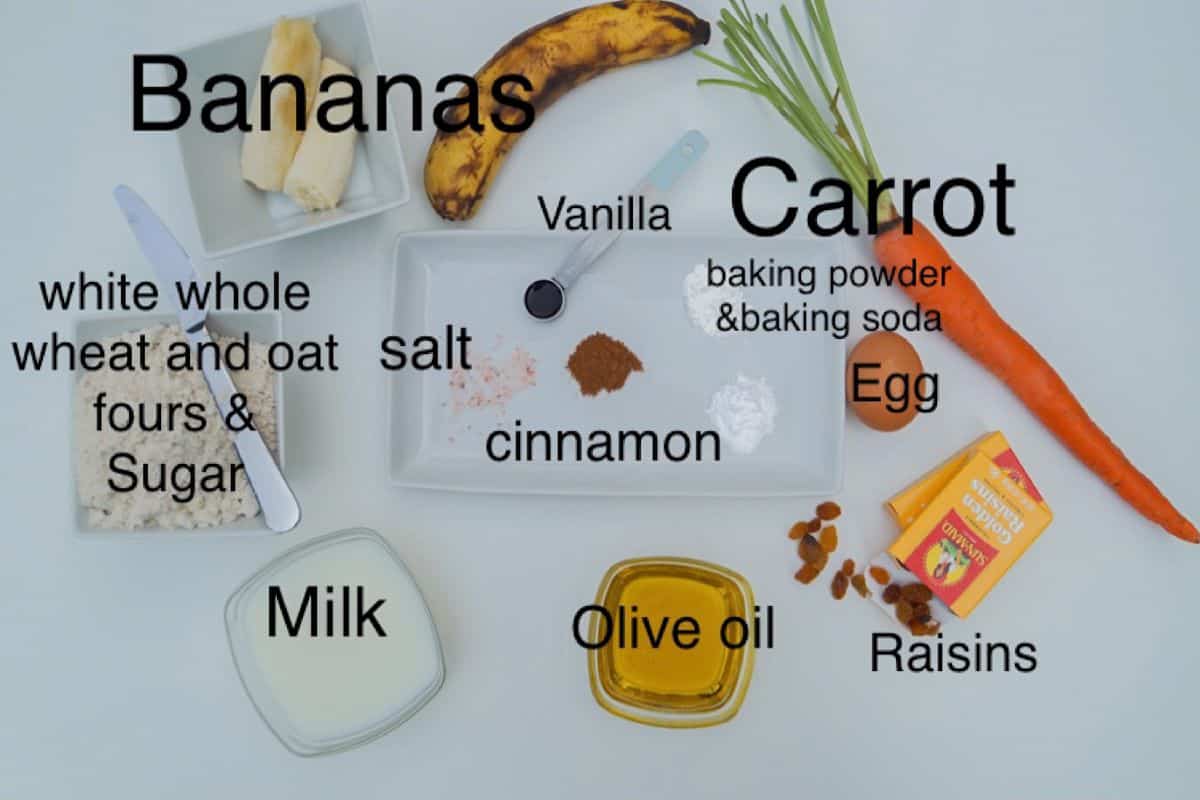 banana carrot muffin ingredients, labeled