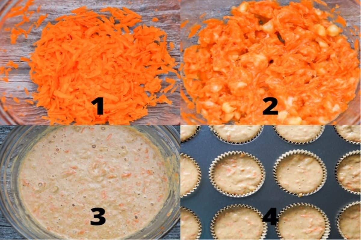 Four photos reflecting step by step instructions: grated carrots, carrots and bananas mashed together, all ingredients mixed together in a glass bowl, and lined muffin tin filled with batter.