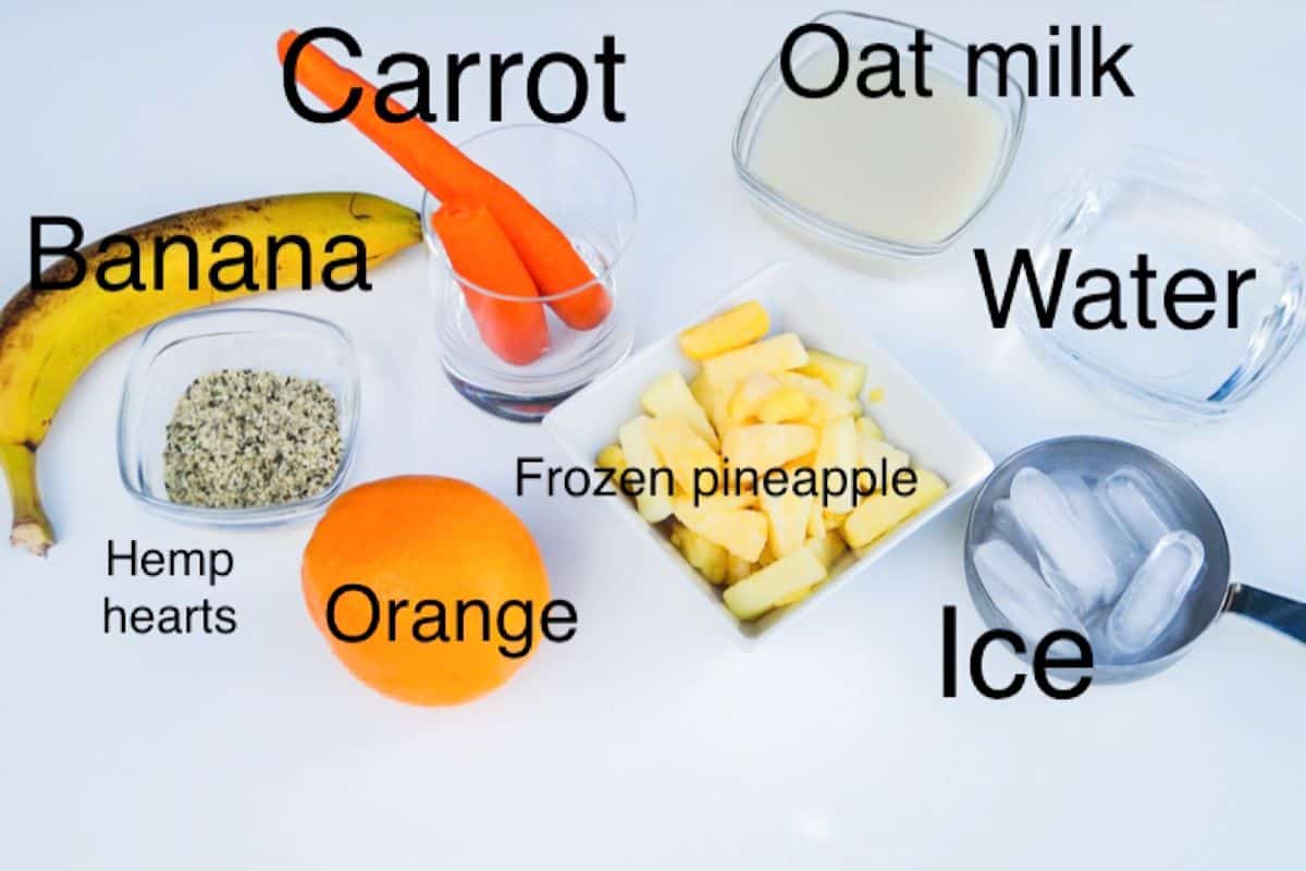 Orange carrot oat milk smoothie ingredients, labeled.