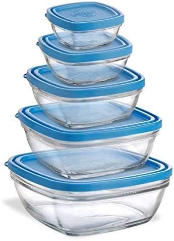 Five Duralex Food Storage Containers stacked from largest to smallest.