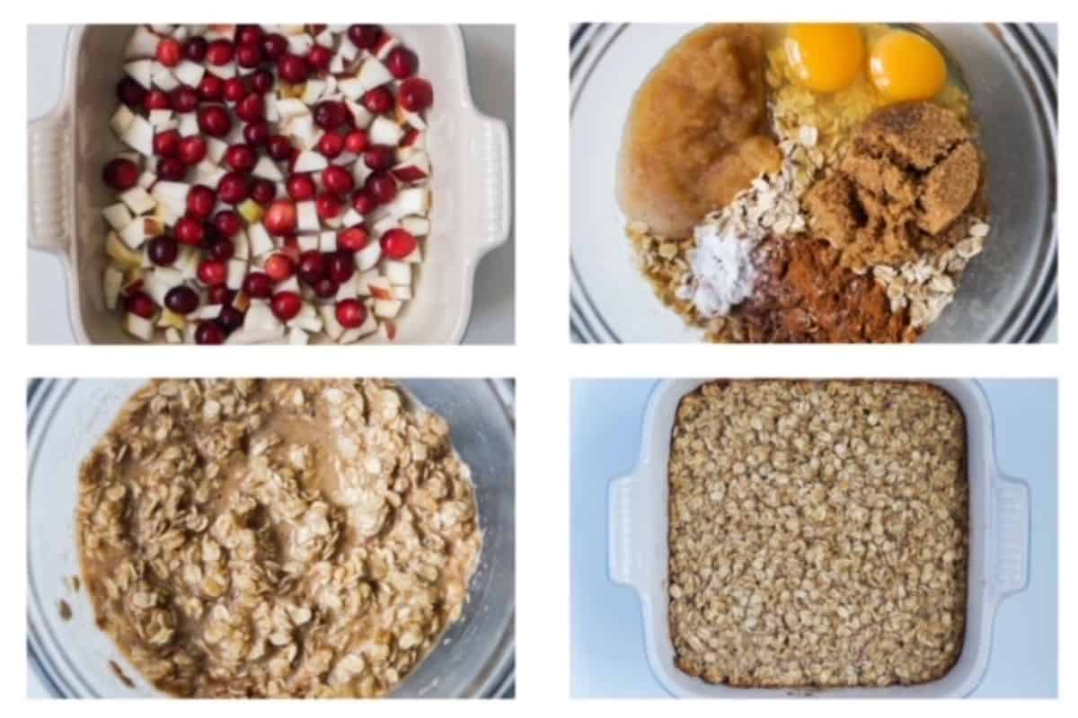 Four images showing steps to make apple baked oatmeal with cranberries.