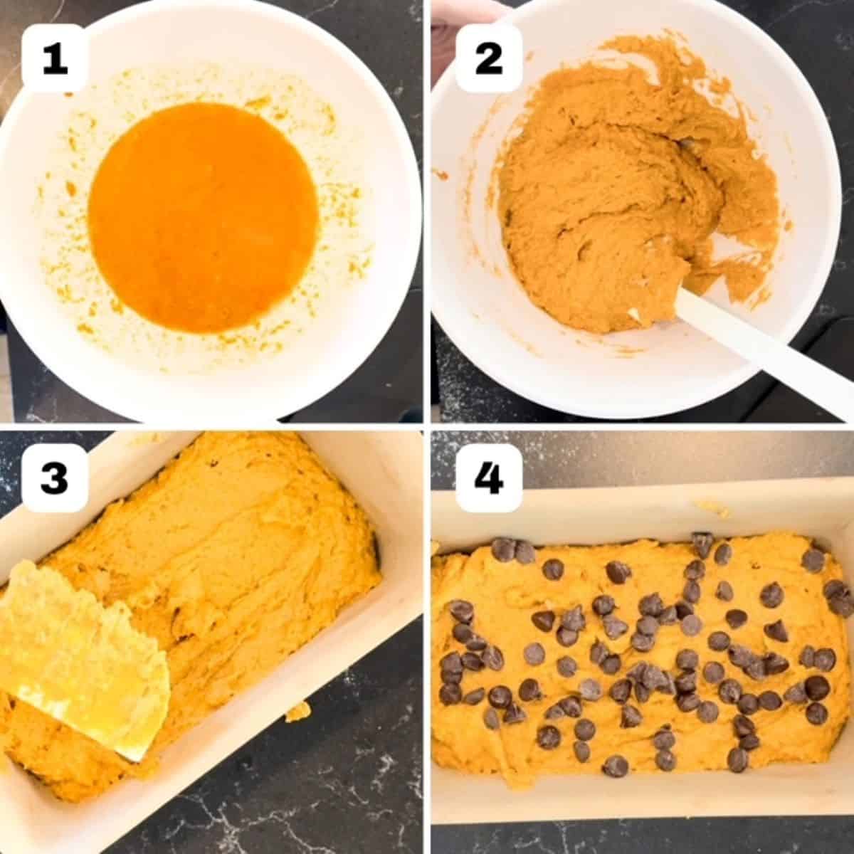 Four pictures showing how to make pumpkin bread in a loaf pan.