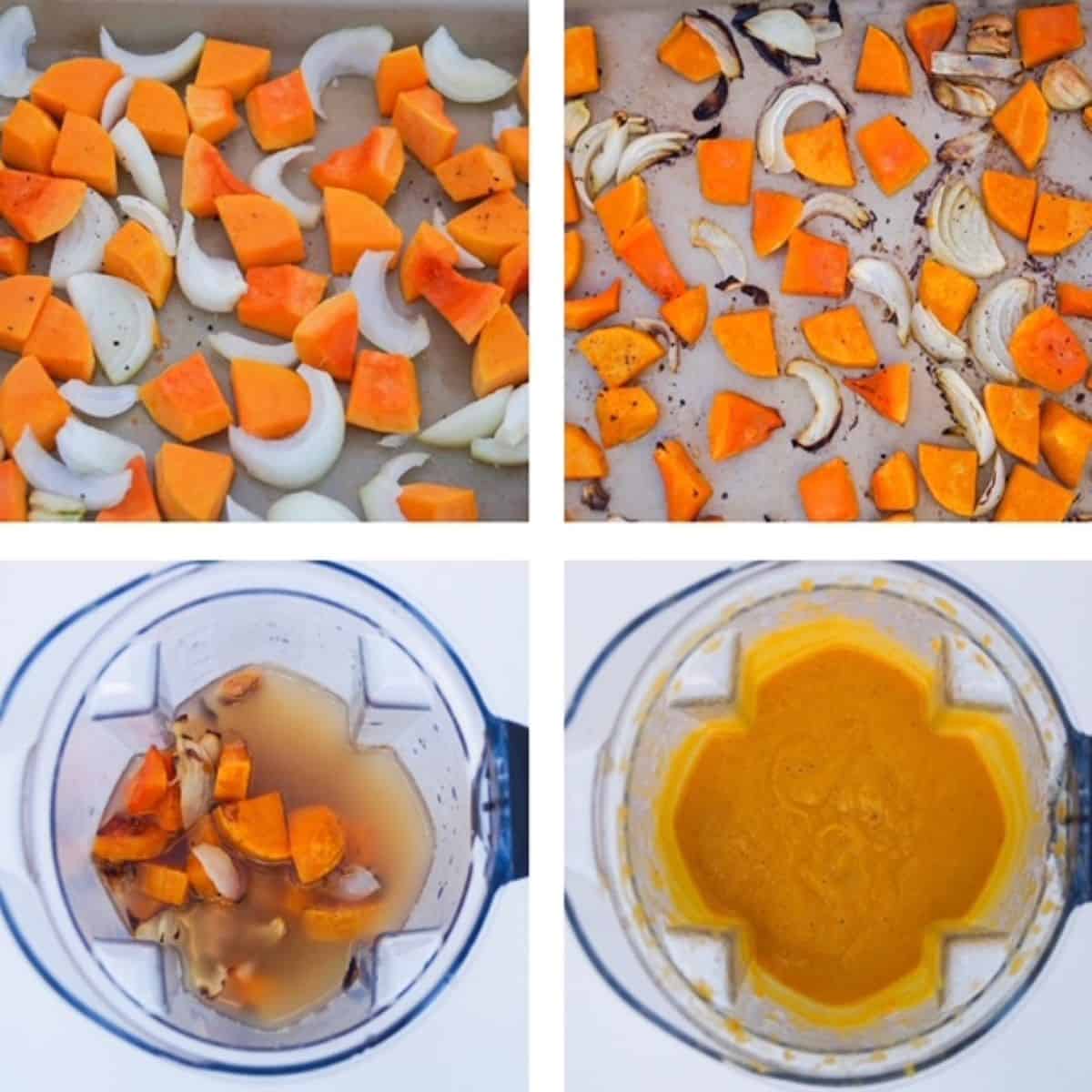 Four images showing steps of making butternut squash soup in a Vitamix.