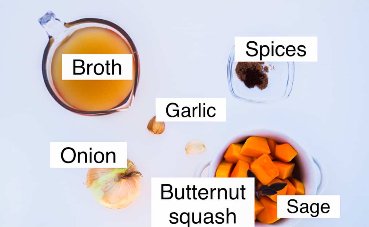 Butternut squash soup ingredients, labeled. 
