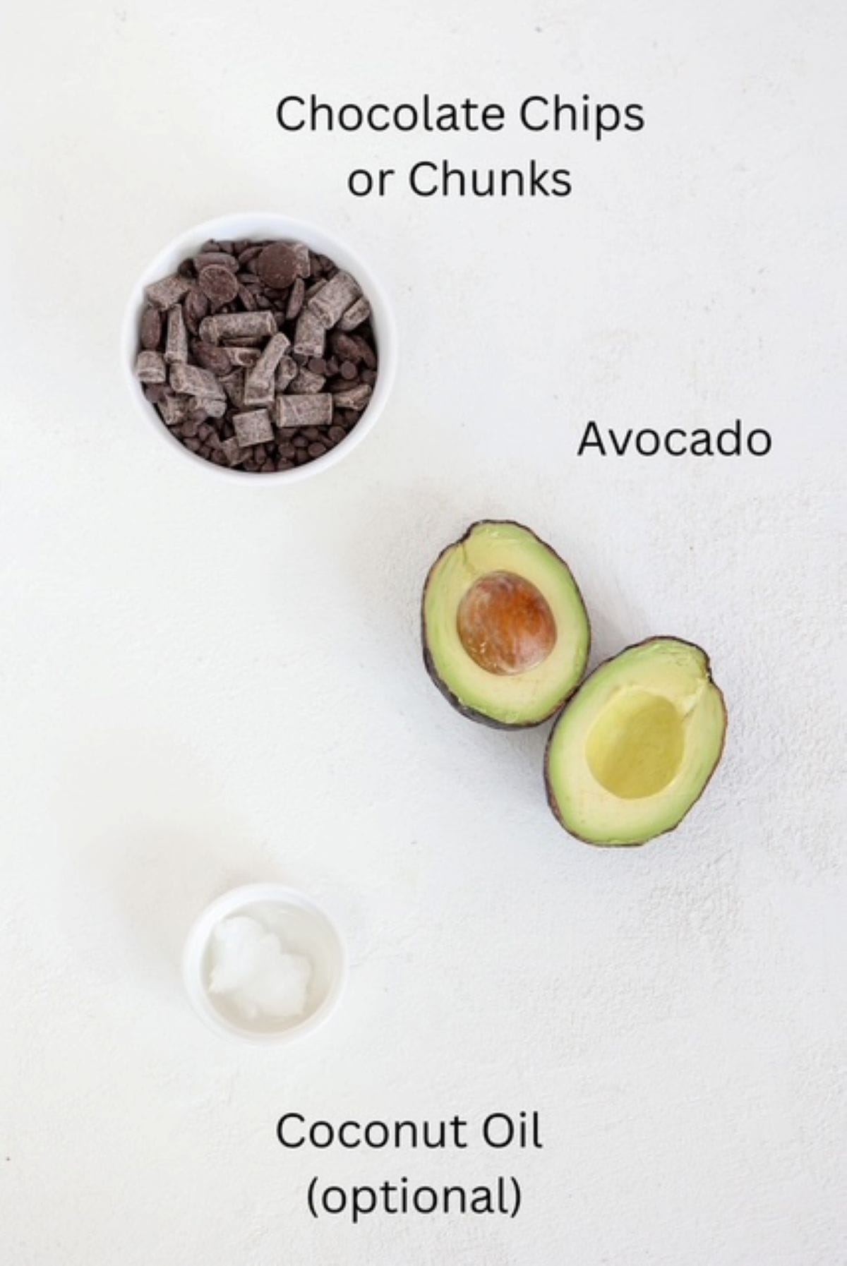 Ingredients for making Vegan Chocolate Truffles with chocolate chunks, avocado, and coconut oil, labeled.