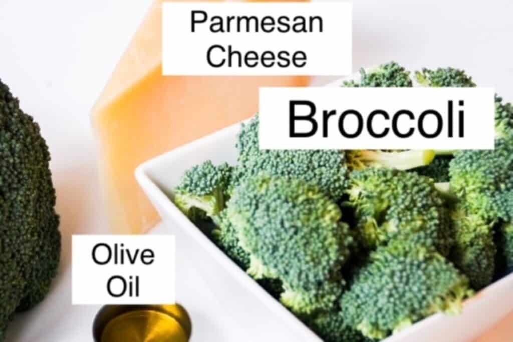 Broccoli, parmesan cheese, and olive oil ingredients labeled.