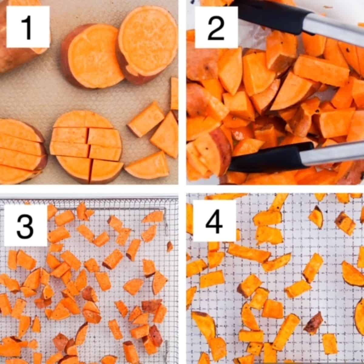 Four process shots showing sliced sweet potatoes, sweet potato chunks in a bowl, and sweet potato chunks on an air fryer basket.
