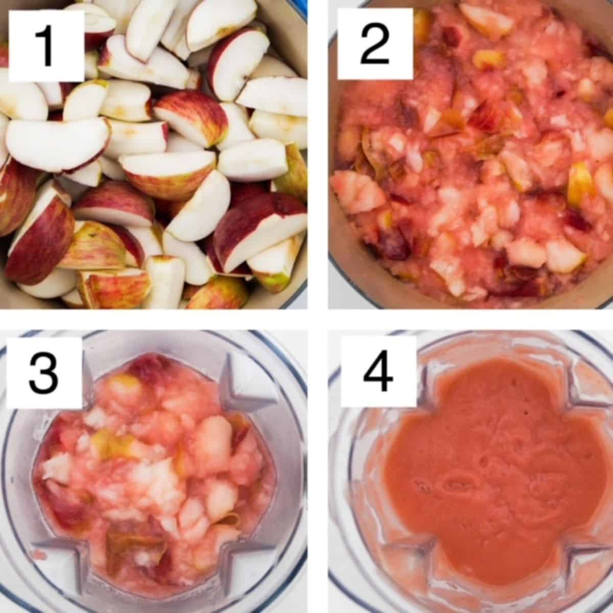 Four step by step images in a collage: sliced apples, cooked apples in a Dutch oven, cooked apples in a Vitamix blender, and pink applesauce in a Vitamix blender.