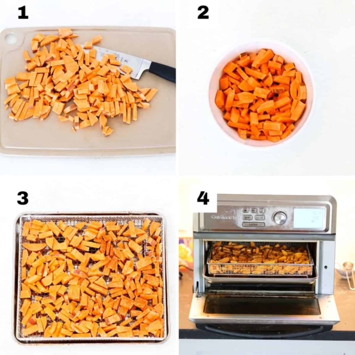 Four numbered images showing hot to make roasted sweet potatoes in an air fryer.
